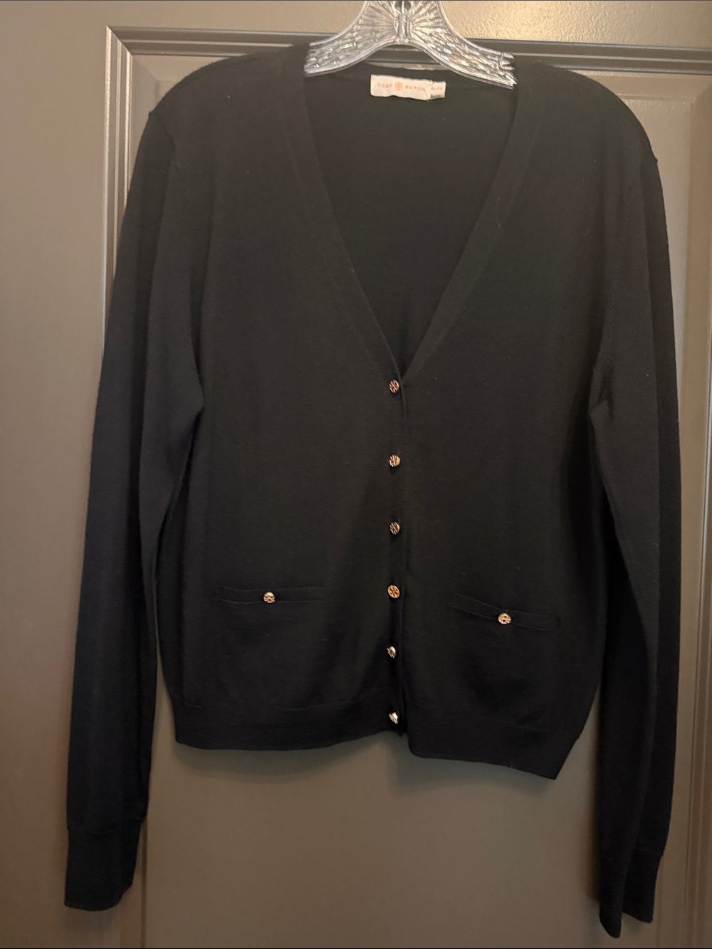 Tory Burch Black V-Neck Button Cardigan Wool with Gold Mini Buttons